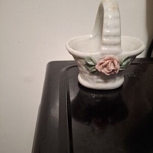 White Ceramic Basket with Pink Rose Accent Miniature